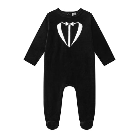 black tuxedo cotton velour footie