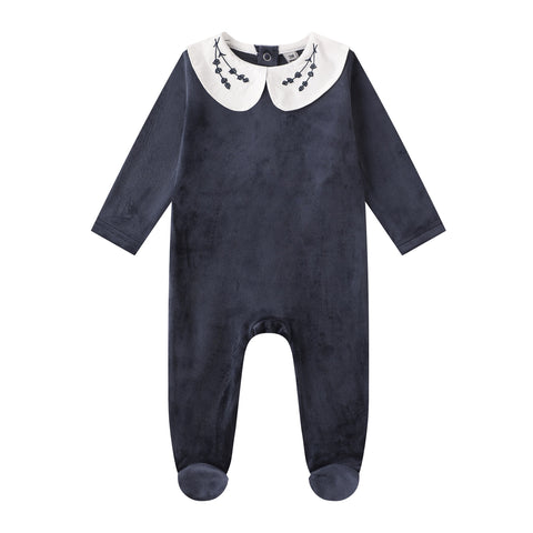 embroidered collar navy velour footie