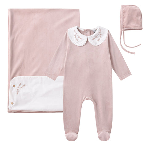 embroidered collar velour  baby set