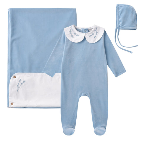 embroidered collar velour baby set-sky