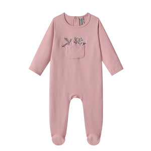 pocket flower cotton footie- pink