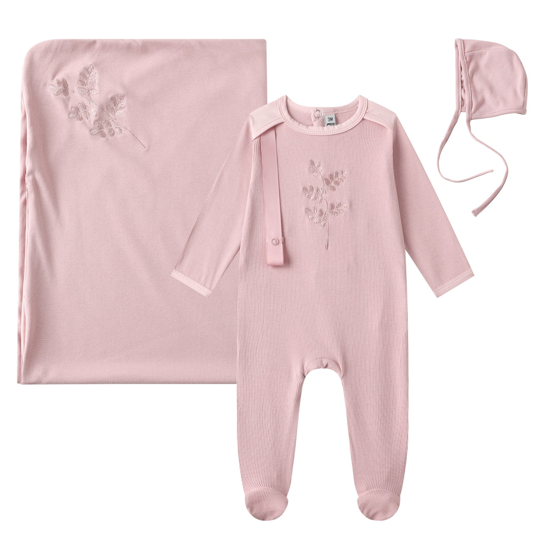 embroidered rib layette set- pink