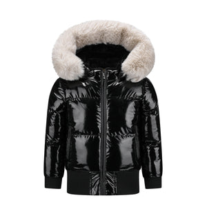 shinny coat with white fur trim