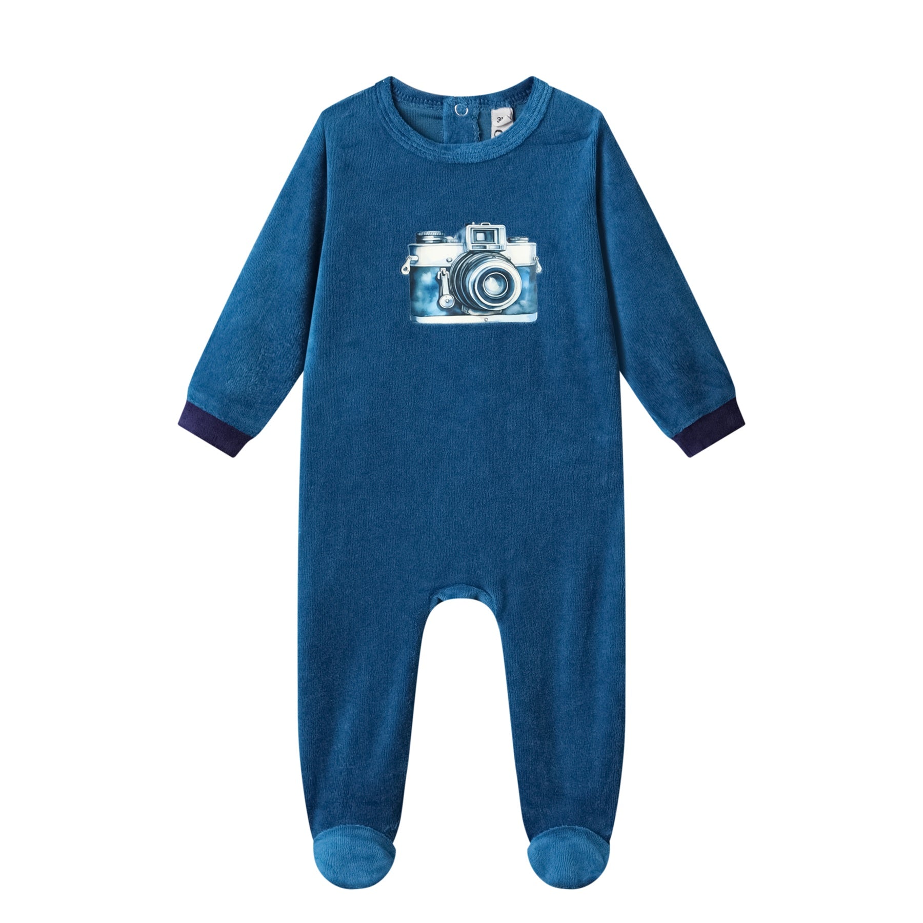 camera cotton velour footie-blue