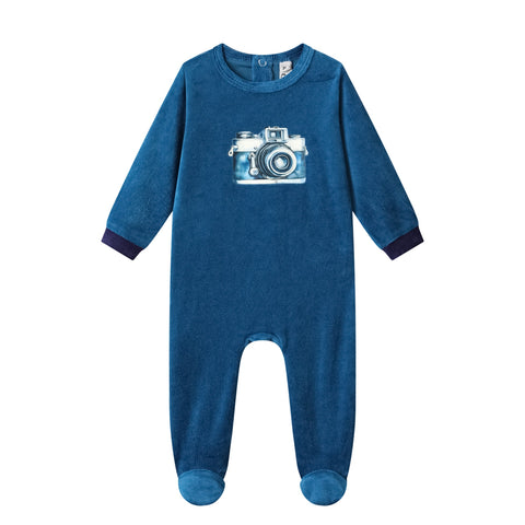 camera cotton velour footie-blue