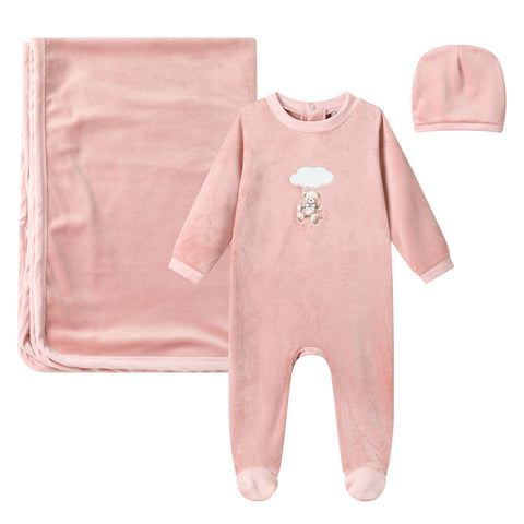 bear swing velour layette set-pink